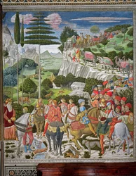 Die Reise der Heiligen Drei Könige nach Bethlehem, die linke Wand der Kapelle, ca. 1460